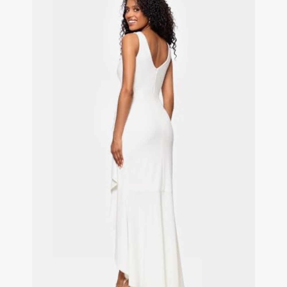 Betsy & Adam Ivory V-Neck High-Low Ruffle Dress - Picture 3 of 6